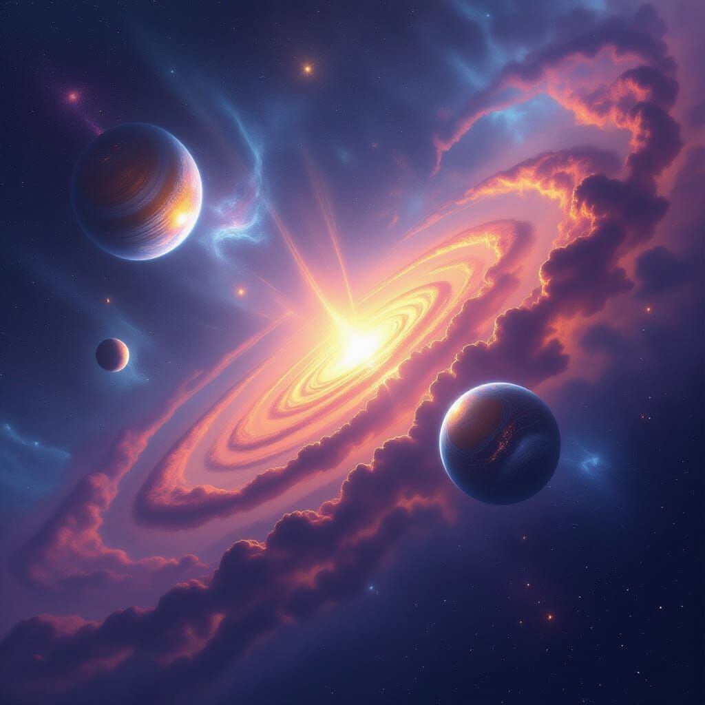 Cosmic Vista of Swirling Nebulae and Luminous Solar System