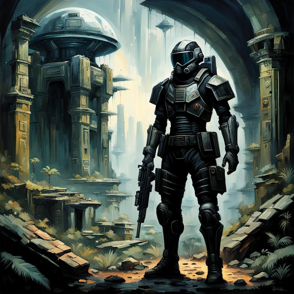 Cyberpunk Soldier Scavenging Ruins in Dark Fantasy Style