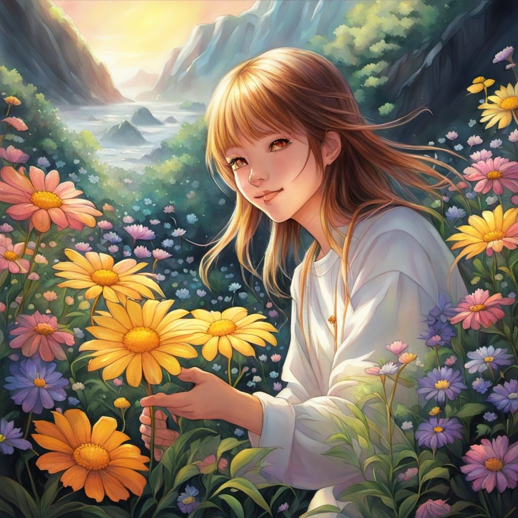 Manga Girl with Wildflowers in Anime Style