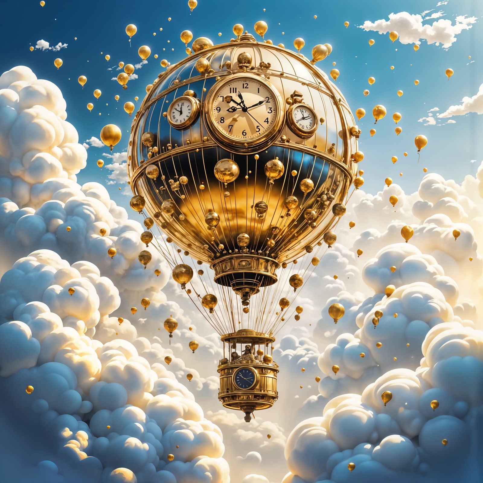 Ethereal Golden Hot Air Balloon Soars Through Clouds