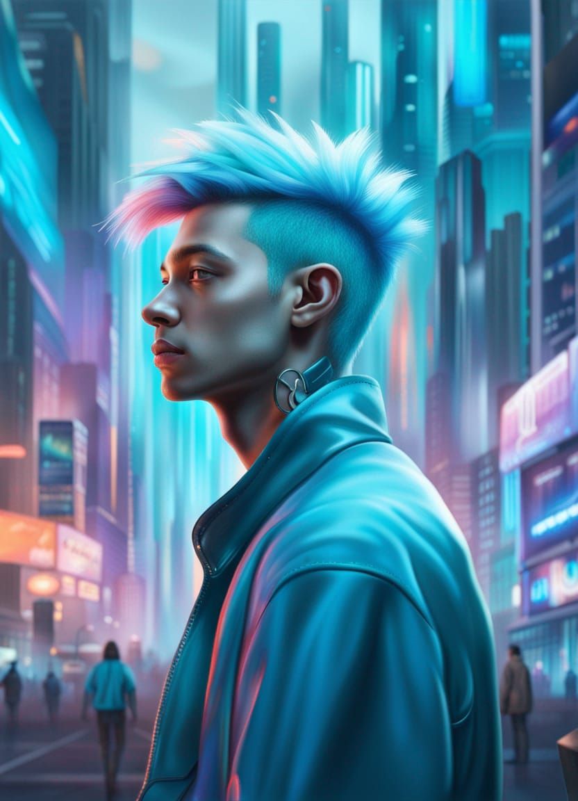 Futuristic Painter in Neon Cityscape: Photorealistic AI Art