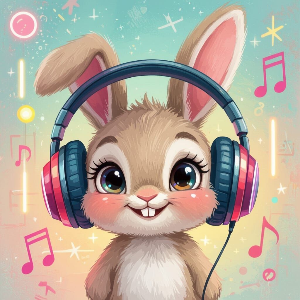 Adorable Bunny in Headphones, Colorful Cartoon Style