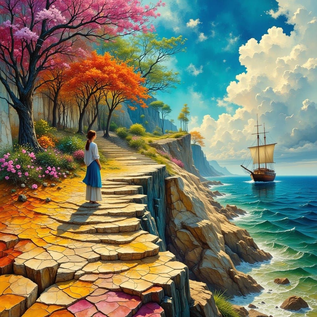 Surreal Seascape with Stairs and Blossoms