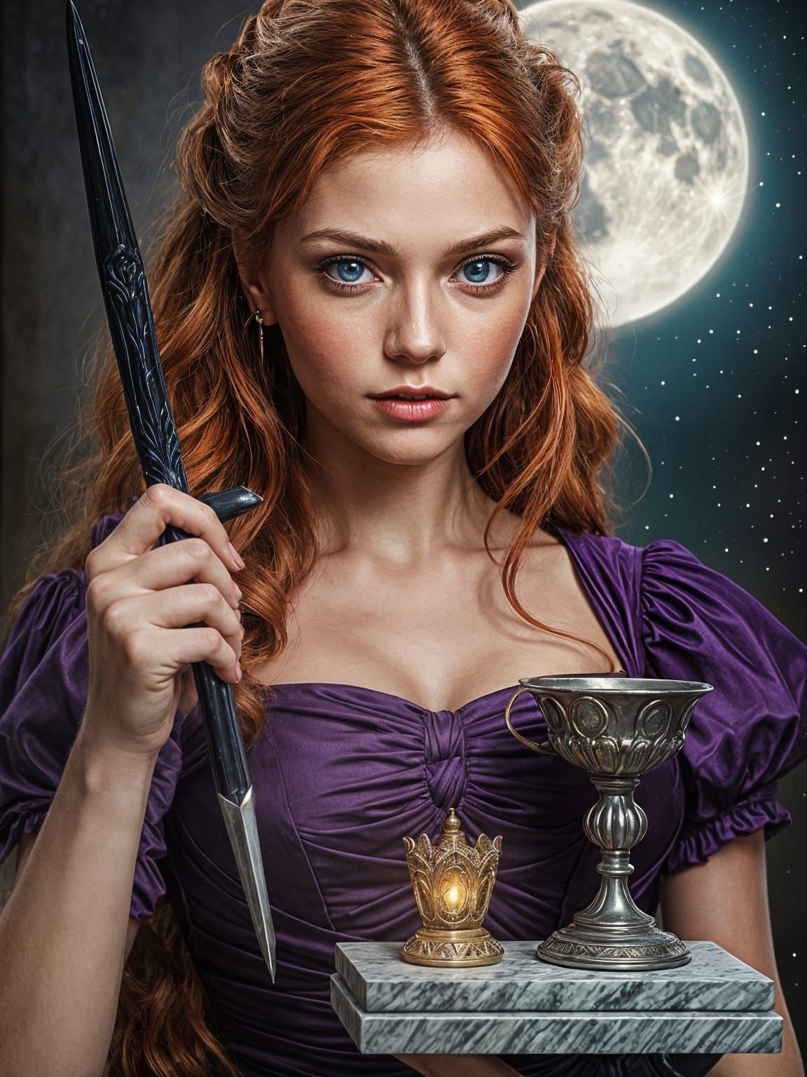 Sorceress Under Moonlight in Oil Painting Style