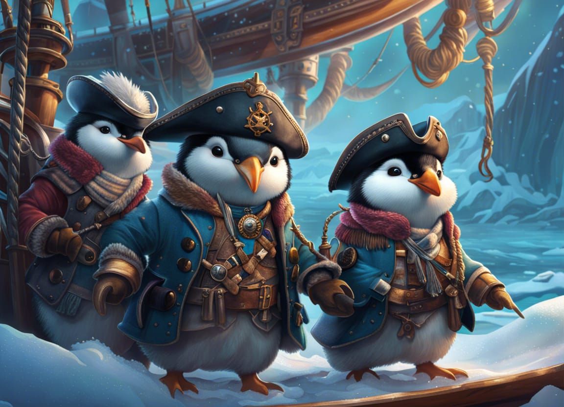 Penguin Pirates on an Icy Sea, Detailed Digital Art