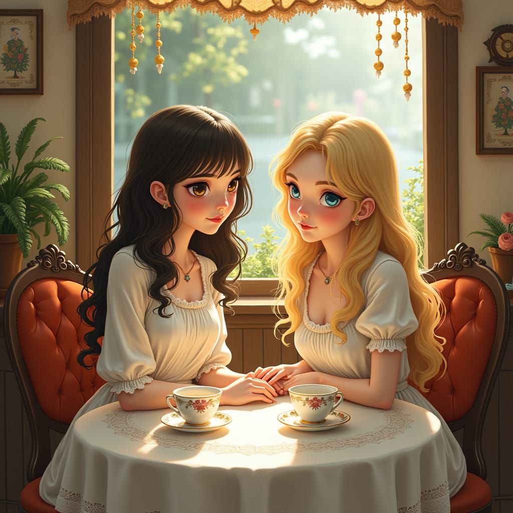 Friends Enjoying Tea in a Quaint Cafe