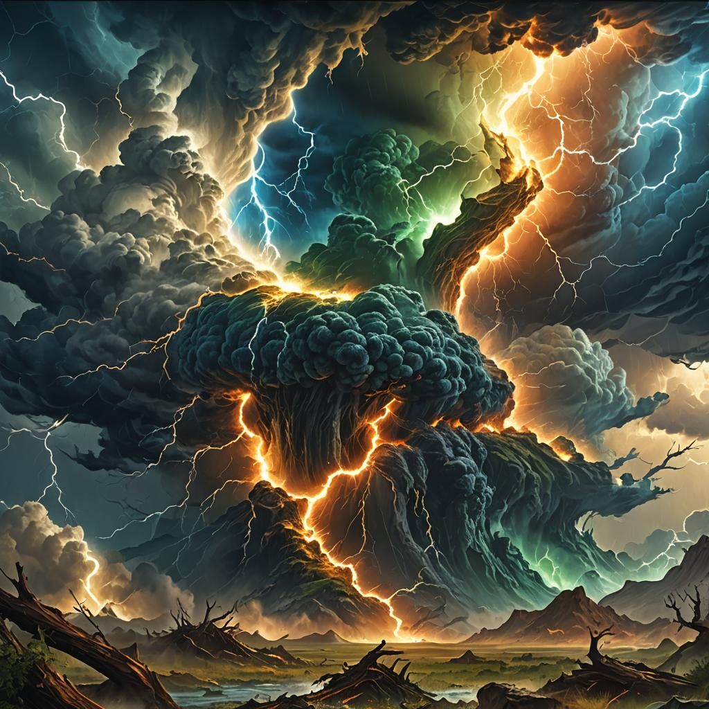 Storm Rages Over Earth in Fantasy Art Nouveau Style