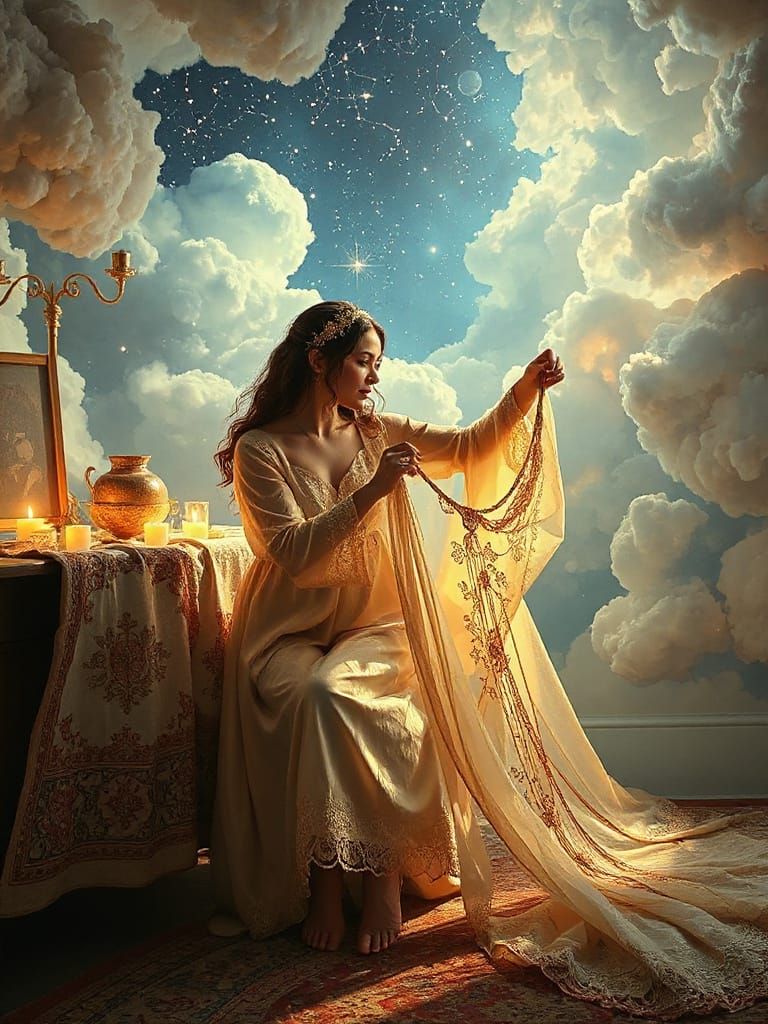 Ethereal Seamstress Weaving Starlight Gowns: Art Nouveau