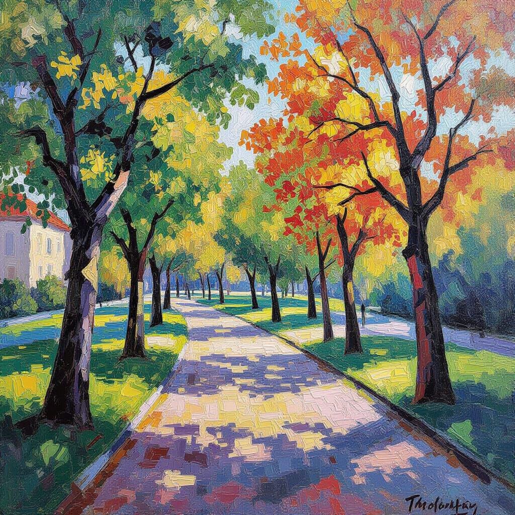 Expressive Impressionist Park Scene with Textured Paint