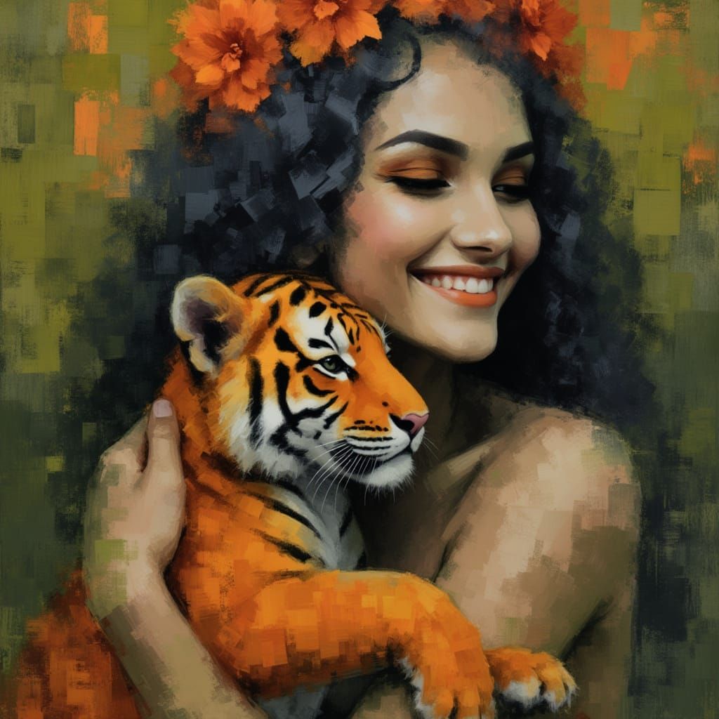 Wholesome Indian Skeleton Woman Hugs Tiger Cub