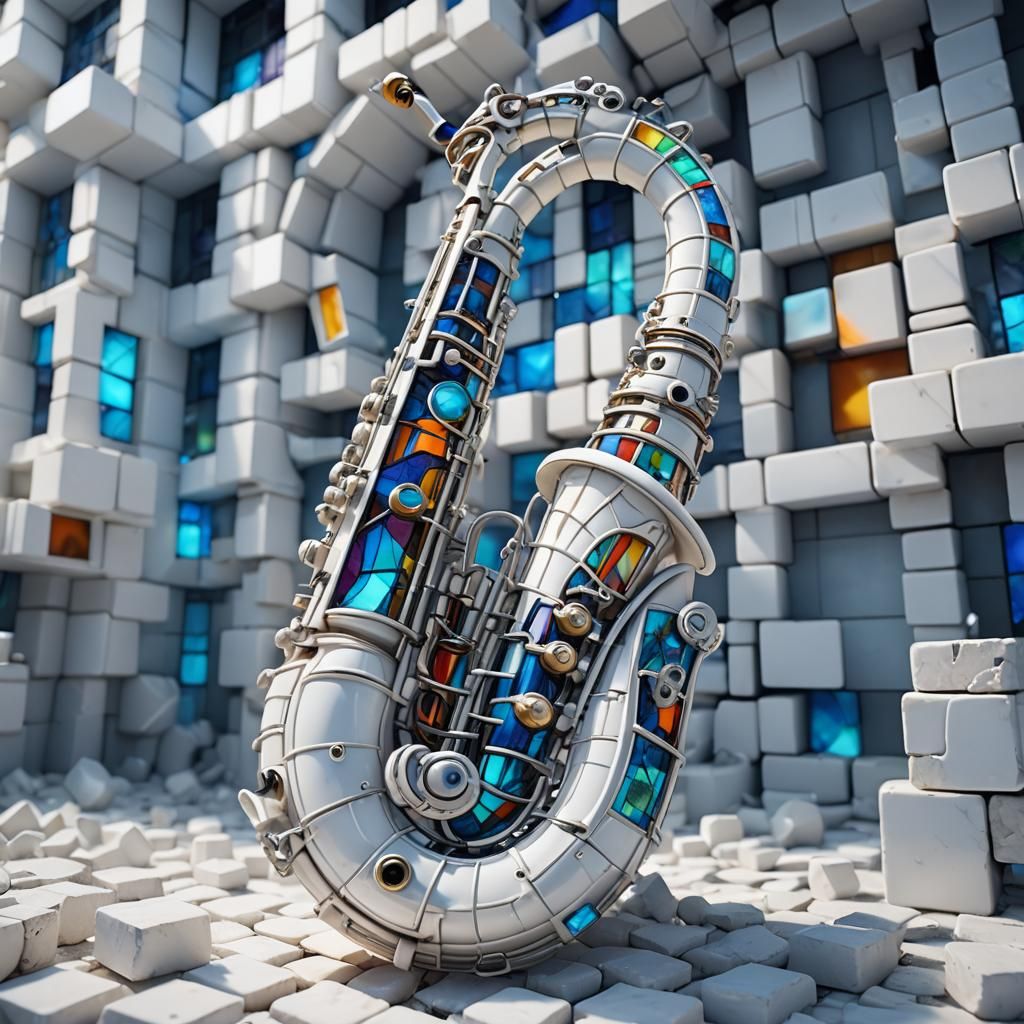 Colossal Stained Glass Saxophone in Sci-Fi Setting
