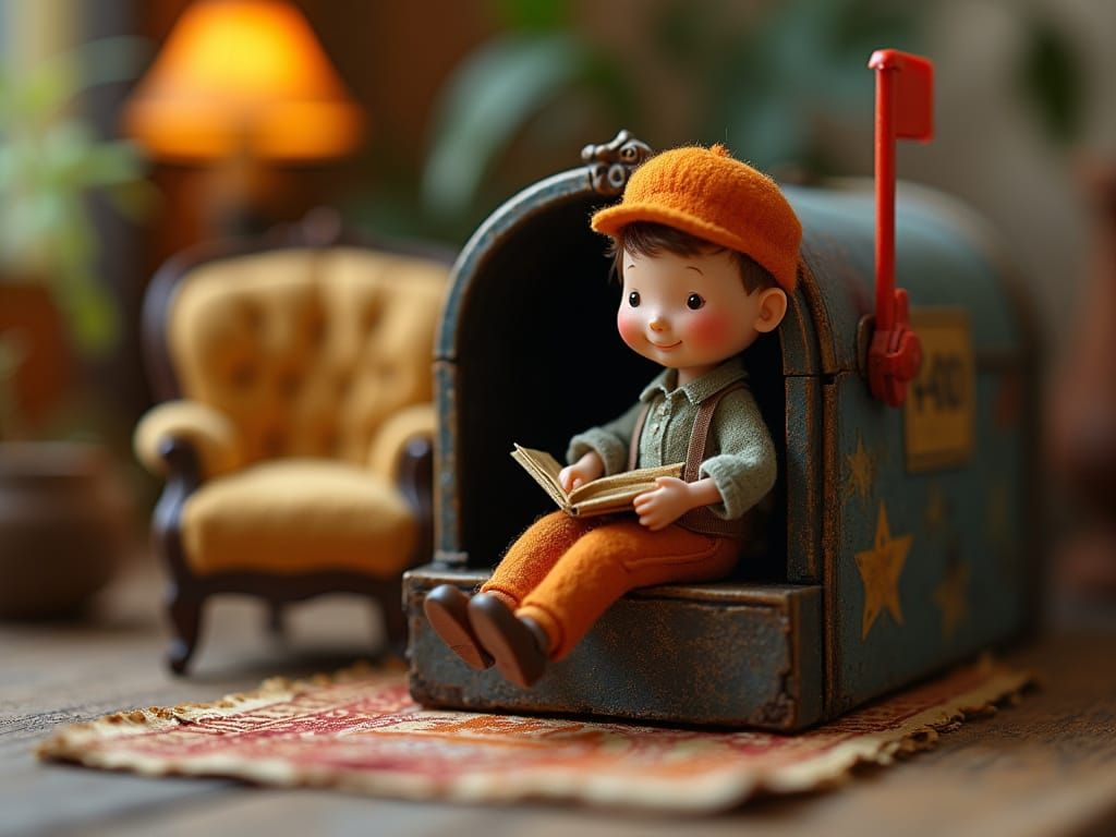 Whimsical Folk Art Scene: Tiny Postal Worker in Vintage Mail...