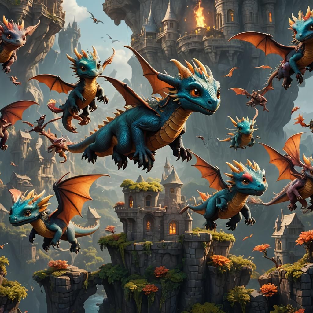 Baby Dragons Learning to Fly: Fantasy Concept Art