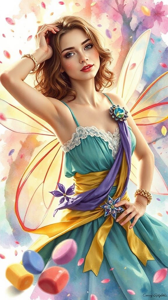 Fairy Dances in Candy Forest, Watercolor Painting