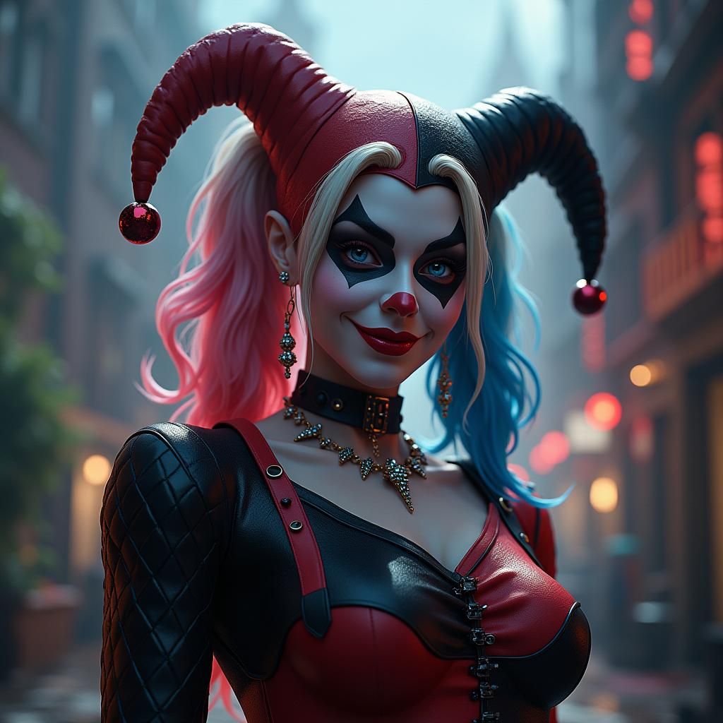 Harley Quinn in Gotham Cityscape Digital Art