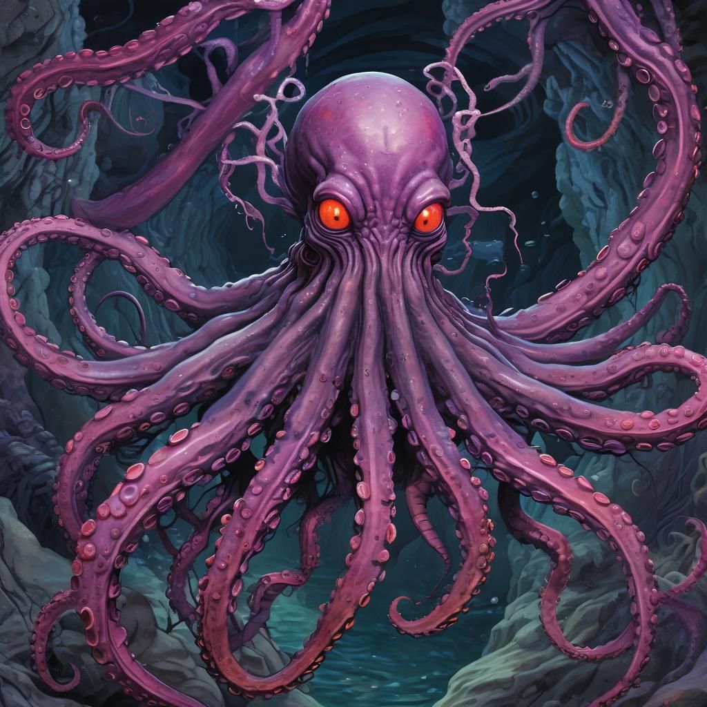 Surreal Cat Octopus Hybrid in Bioluminescent Cave