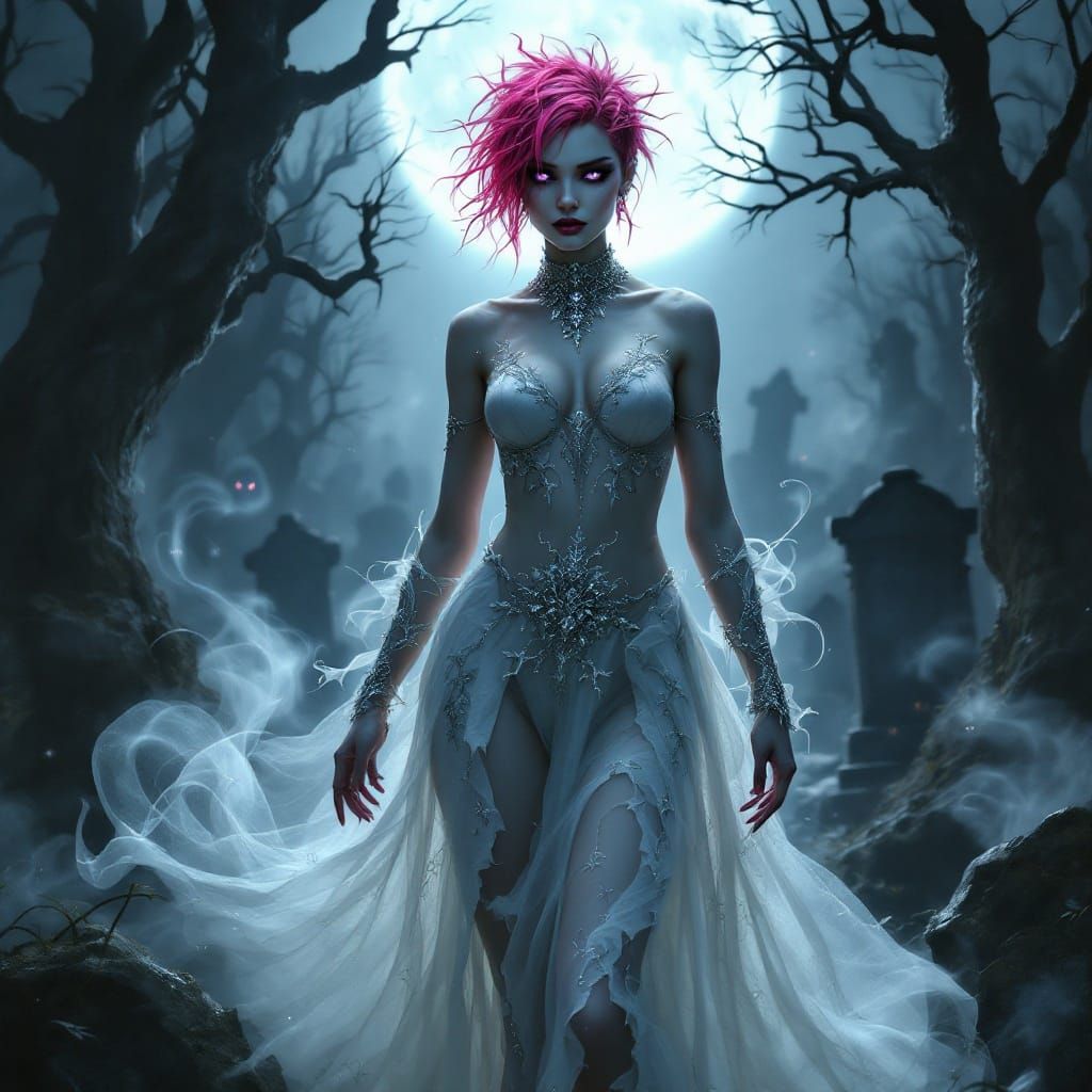 Ethereal Gothic Fairy in Moonlit Graveyard
