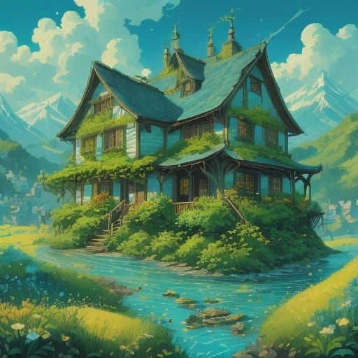 Watercolor Landscape with Mountains and Waterfall