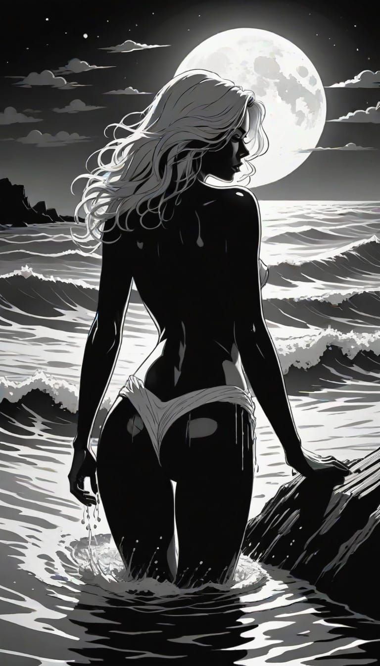 Retro Single Line Art Comic of a Pale Female Form Emerging f...