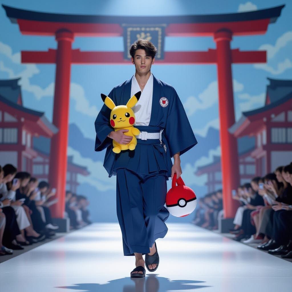French Man on Runway in Kimono with Pokemon