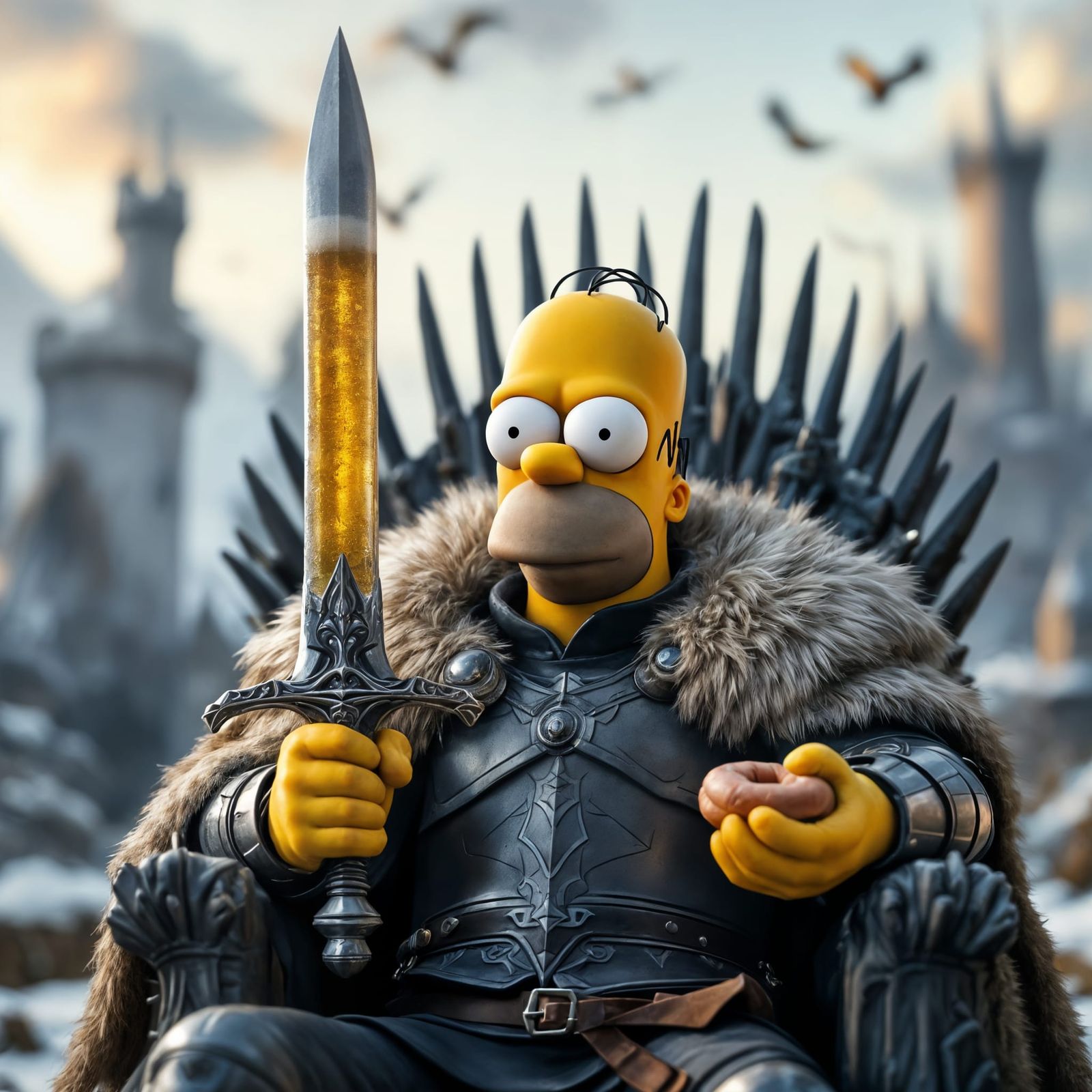Homer Simpson Rules the Iron Throne with Beer Sword and Donu...