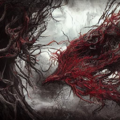 Gothic Midnight Scene with Red Sky: Fantasy Art