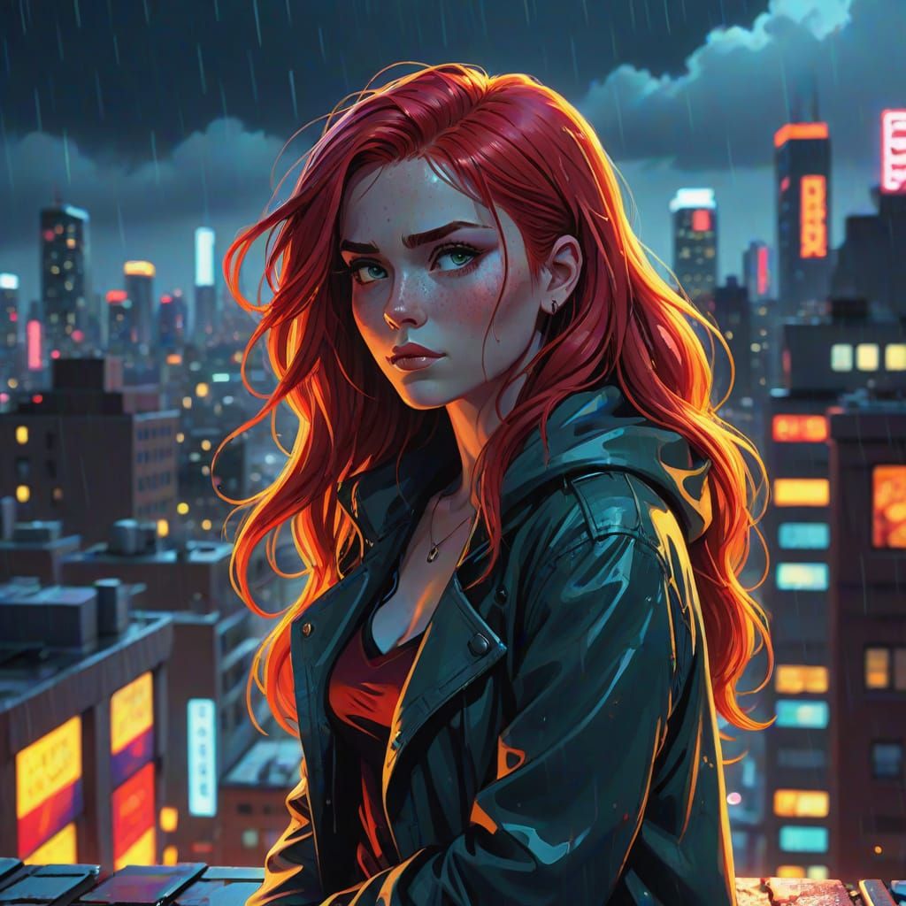 Woman Overlooking Neon City in Graphic Novel Style