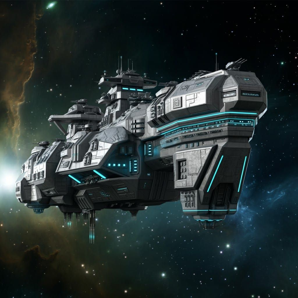 Futuristic Warship Patrolling Nebula in Retrofuturistic Styl...
