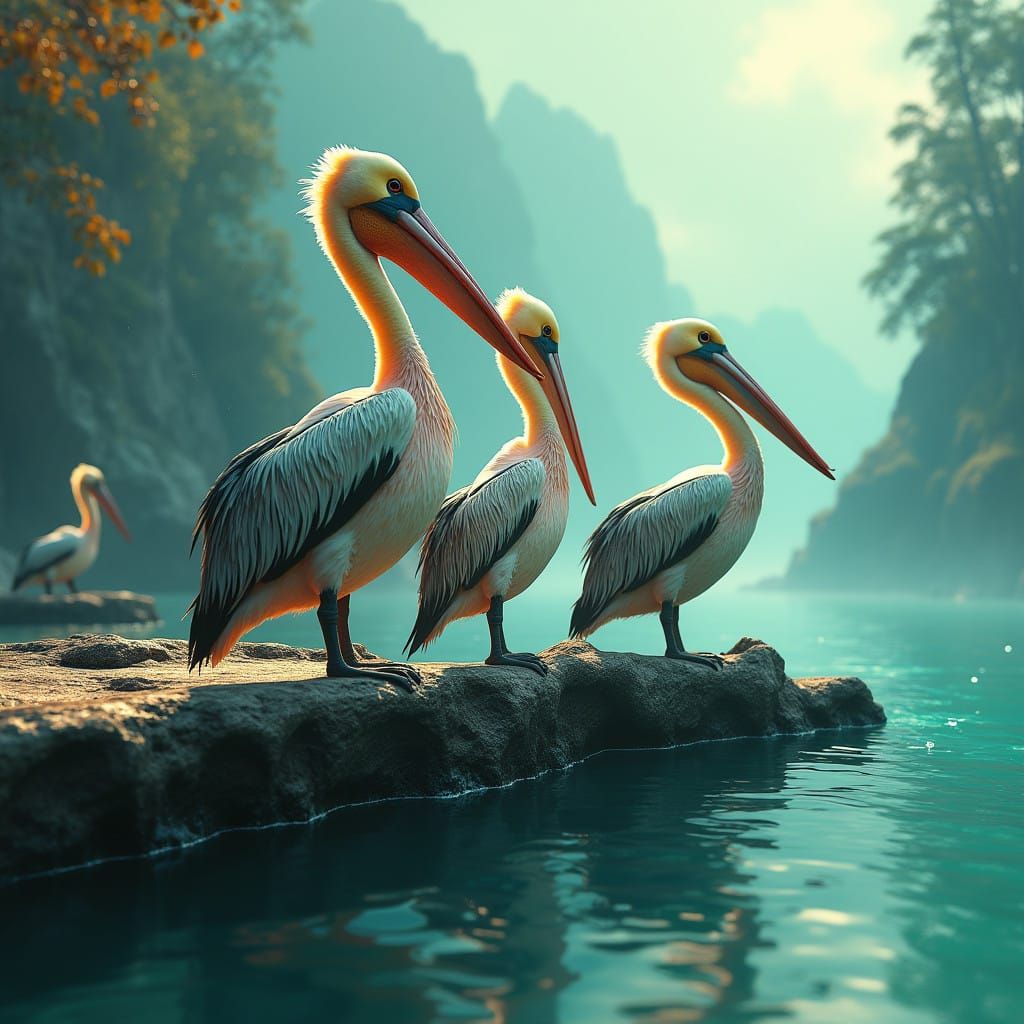 Mystical Pelicans on Weathered Jetty