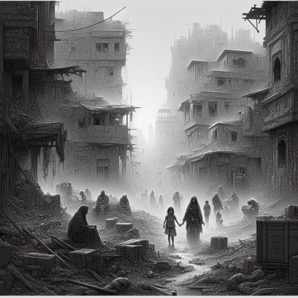 Ruined Cityscape with Survivors in Somber Tones