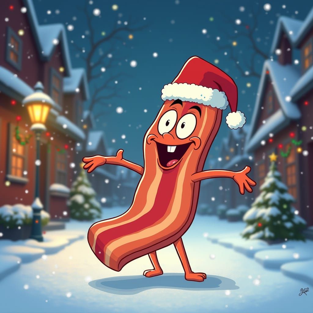 Anthropomorphic Bacon Sings Carols in Snowy Christmas Scene