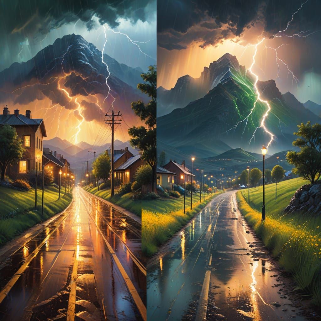 Surreal Split-Screen Oil Painting: Stormy City vs. Sunny Cou...