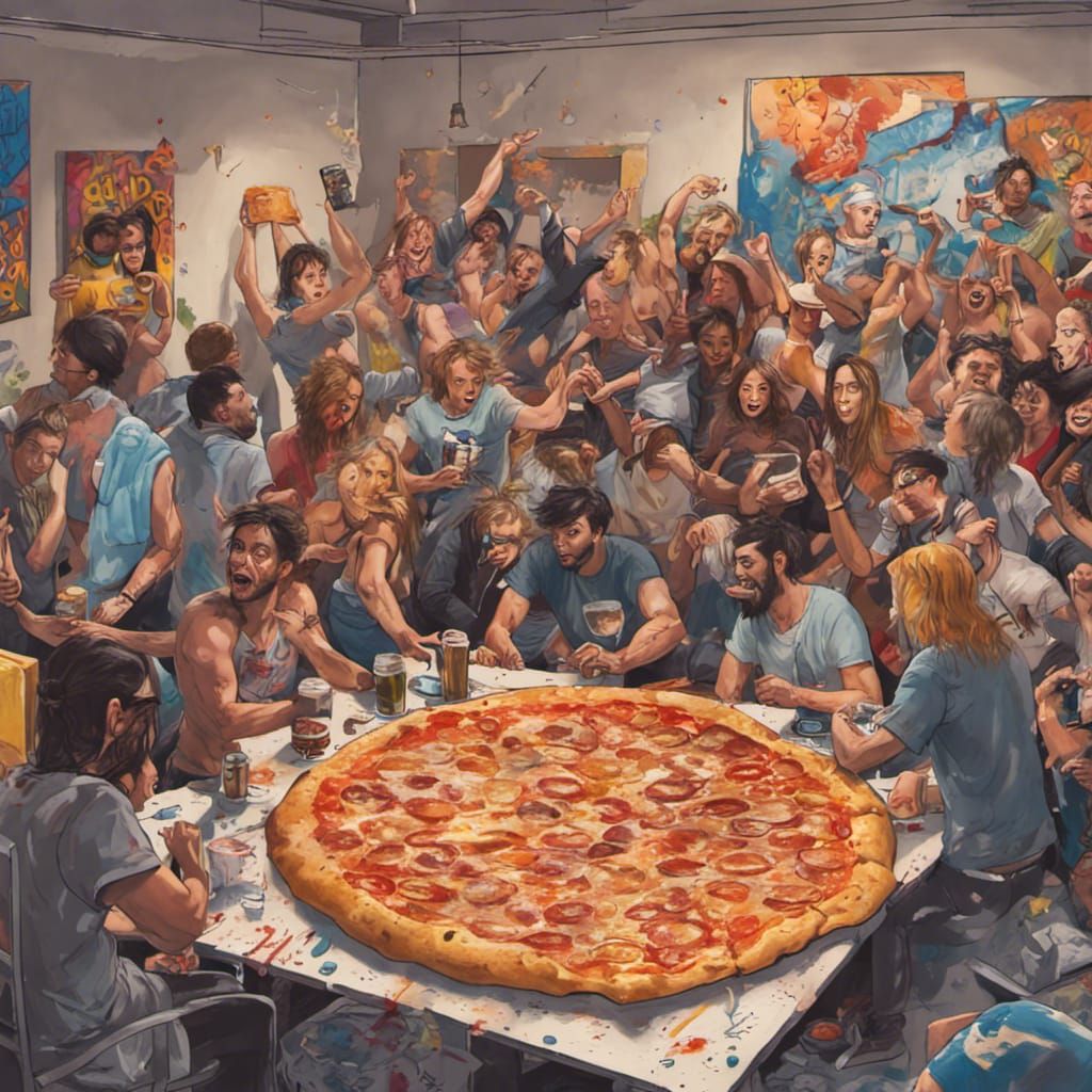 College Friends Celebrate with Pizza in Graffiti Art