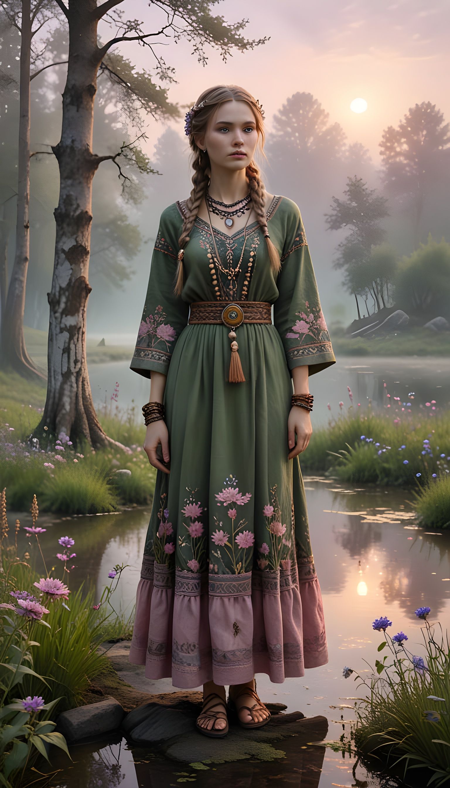 Slavic Goddess in Floral Attire, Surrounded by Ancient Templ...