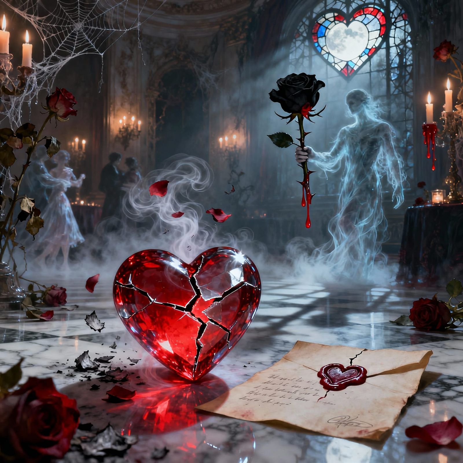Cracked Crimson Heart in Gothic Ballroom Scene