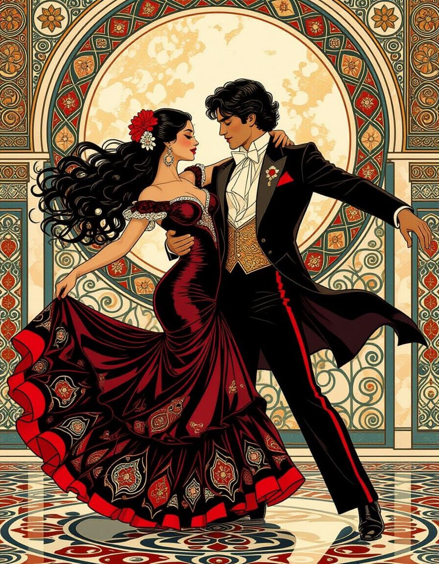 Flamenco Dancers in Art Nouveau Style