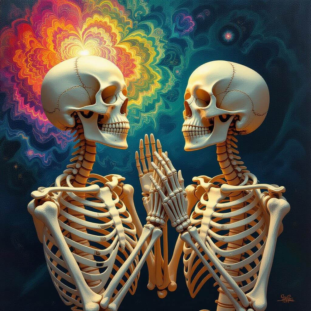Psychedelic Skeletons Reach for Higher Selves in Surreal Art