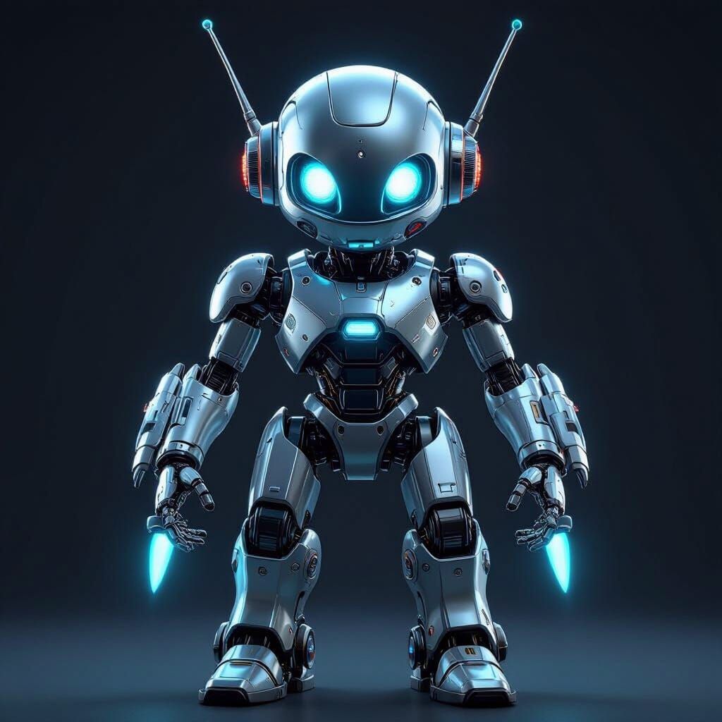 Sleek Silver Robot With Glowing Blue Eyes and Jetpack Feet