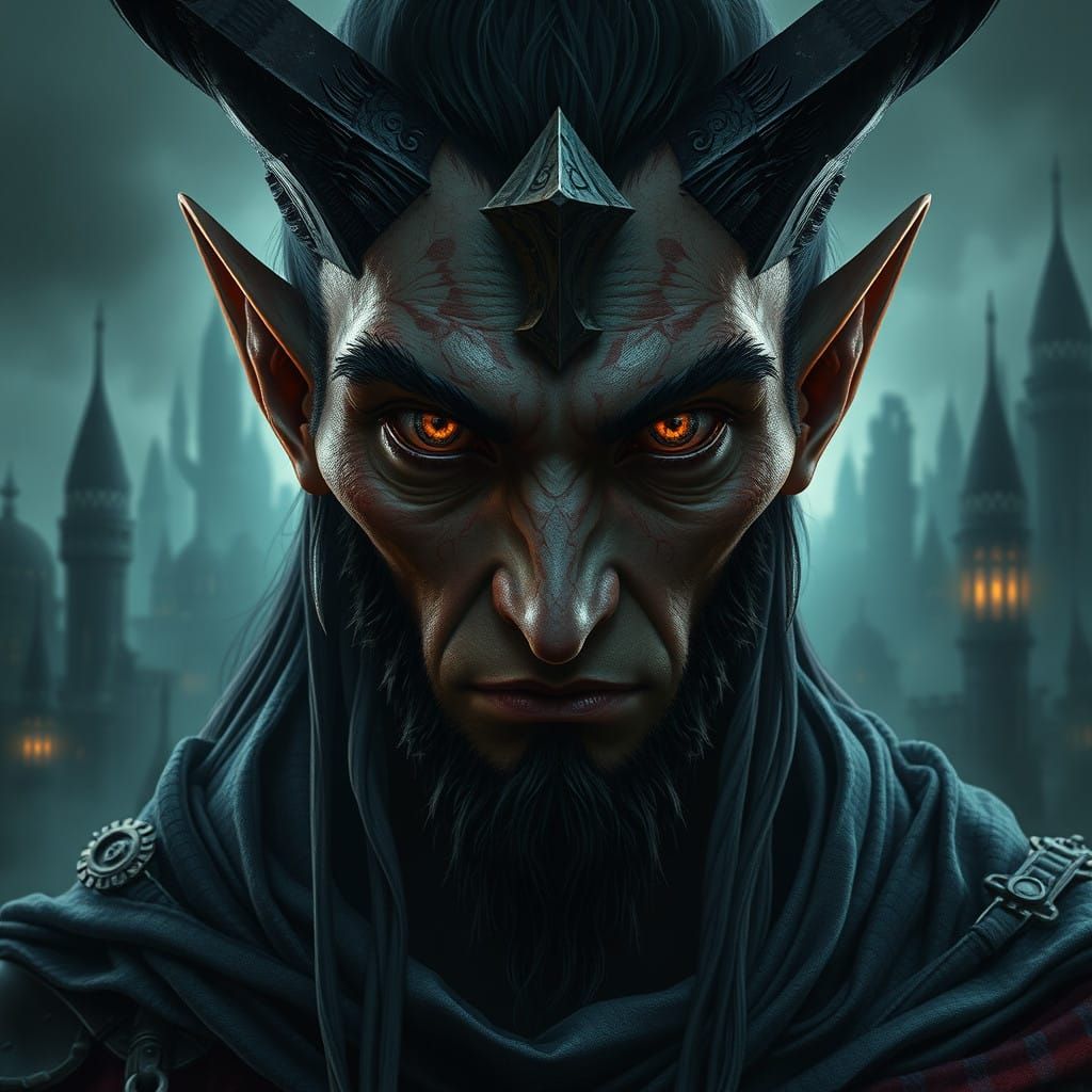 Medieval Fantasy Elf Druid in Dark Cityscape Portrait