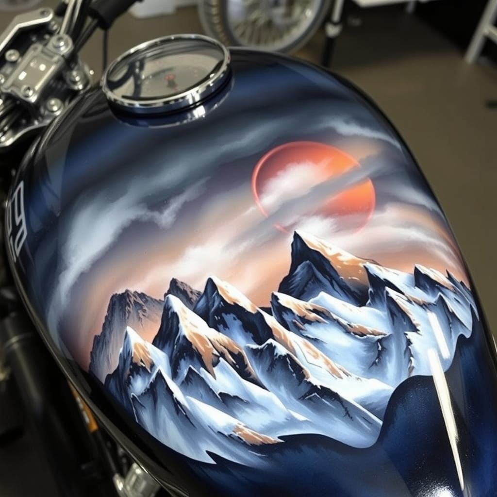 Airbrushed Motorcycle Tank: Mountain Storm Landscape
