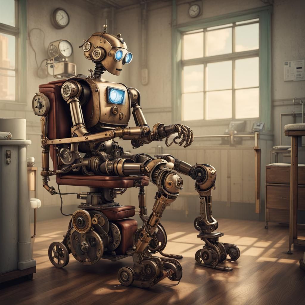 Steampunk Robot Awaits the Birth of His Son