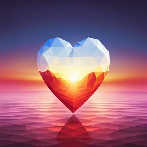 Geometric Heart Against Photorealistic Sunrise