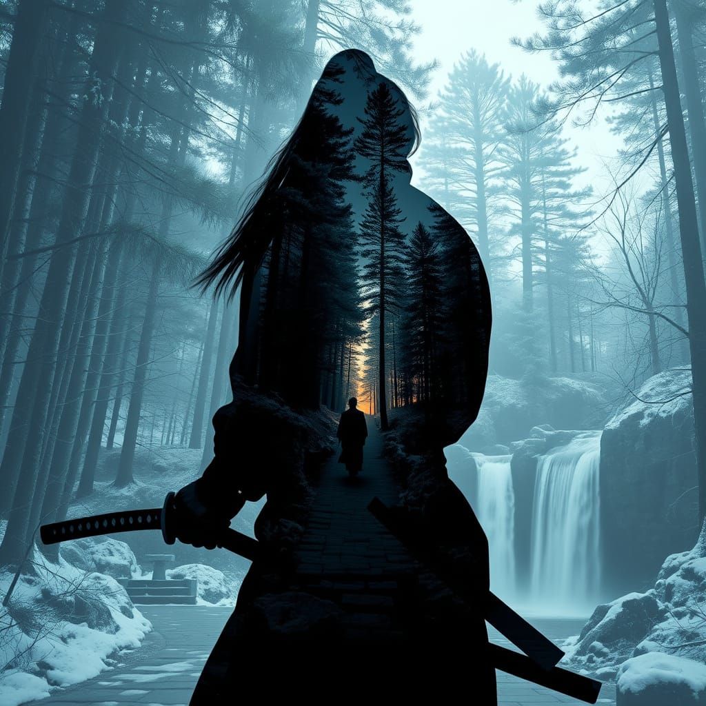 Ronin Silhouette Double Exposure in Dreamlike Style