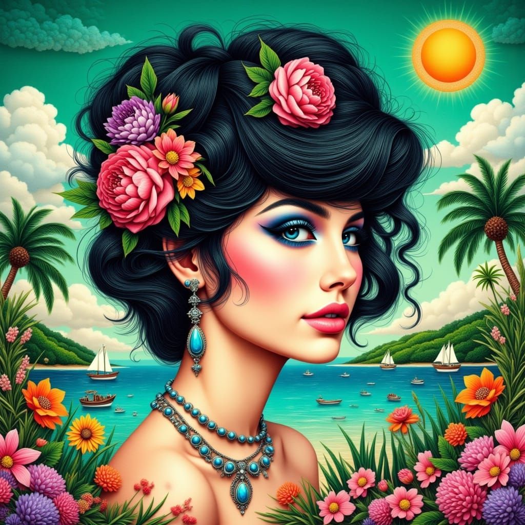 Collaged Woman with Tropical Backdrop in Dreamy Style