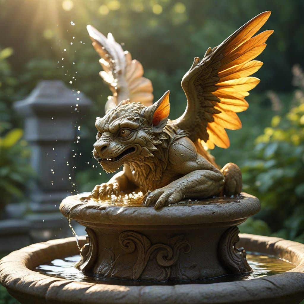 Moss Gargoyle Spitting Water: Photorealistic Fantasy Art