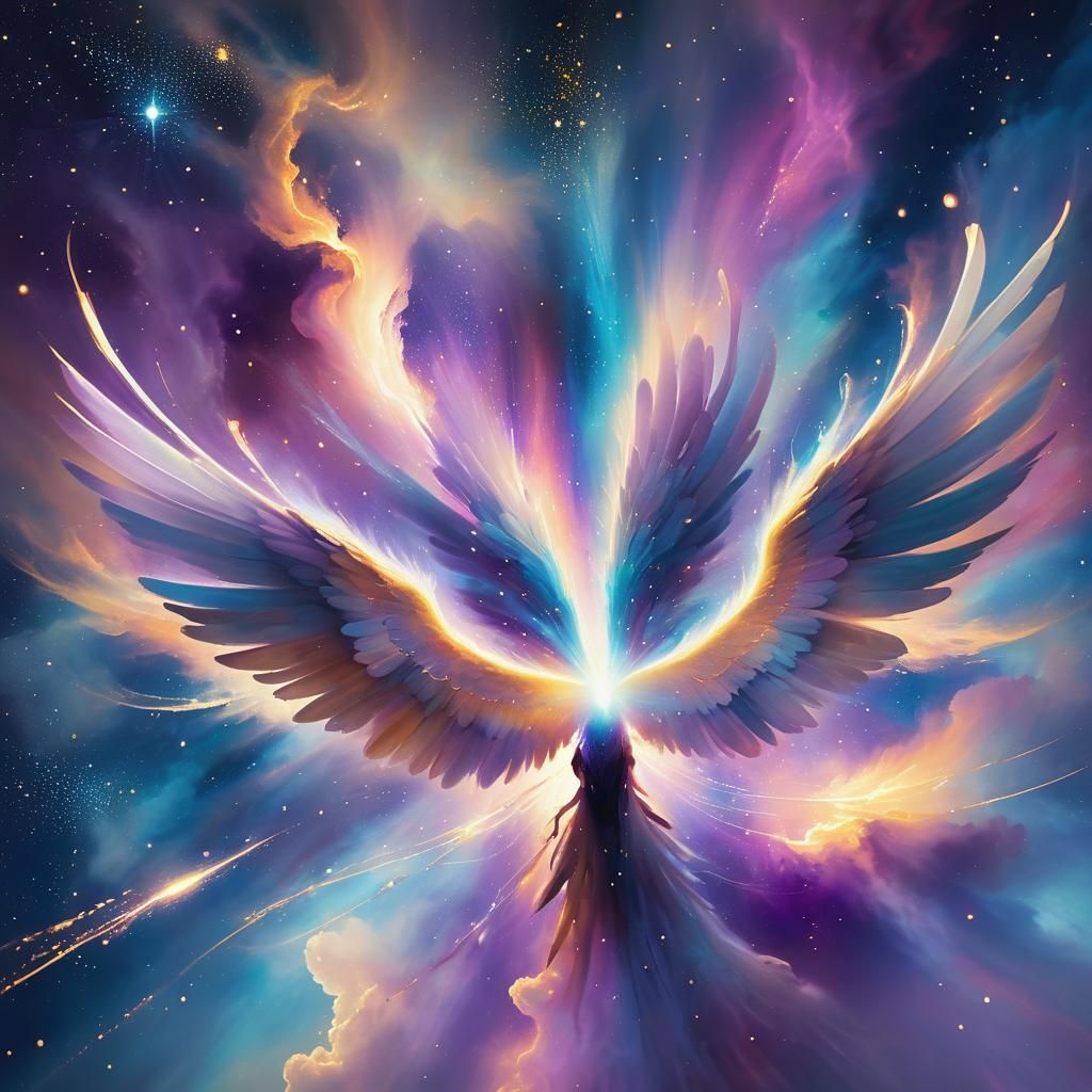 Celestial Being Soaring Through Nebula, Abstract Expressioni...