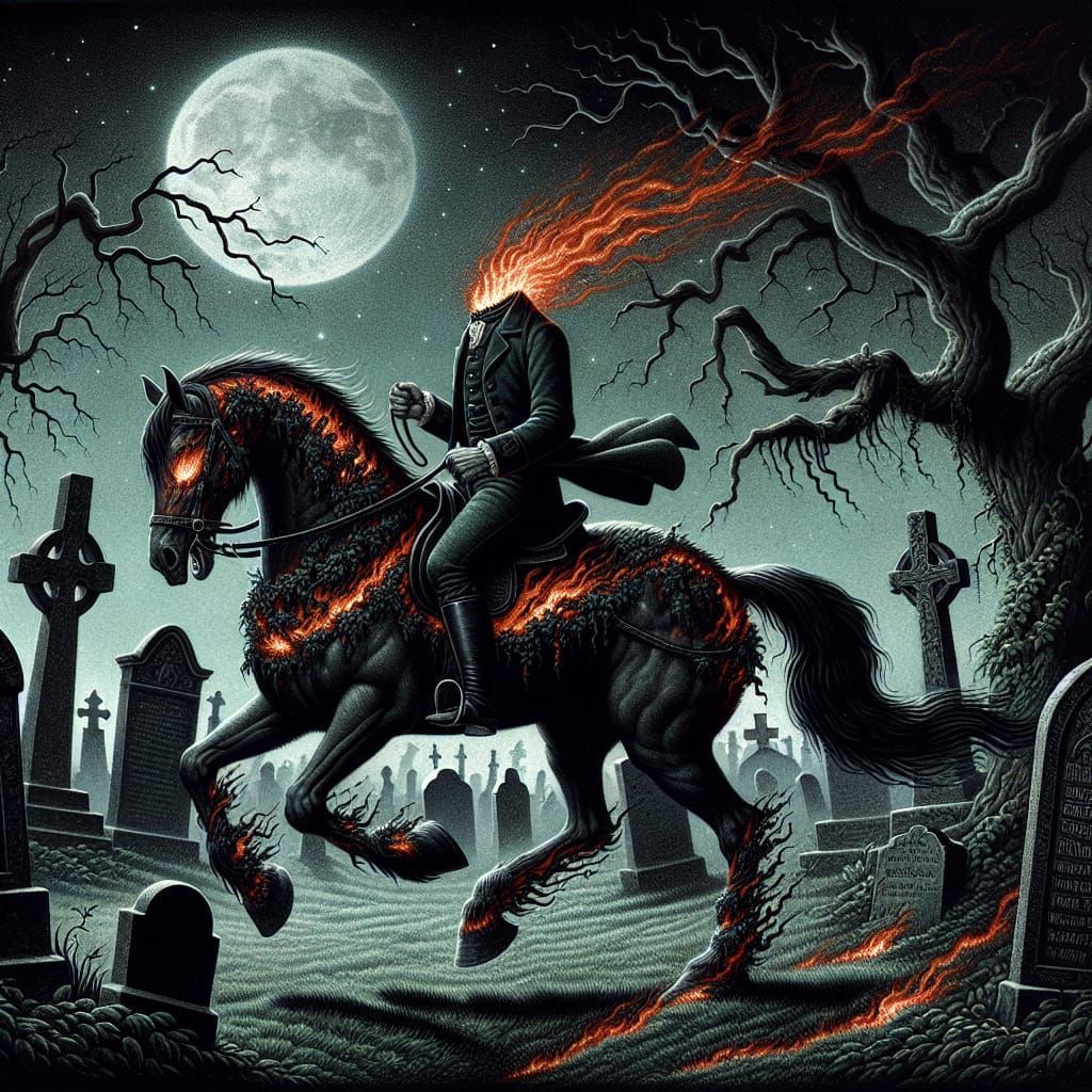 Eerie Headless Horseman in Graveyard Scene