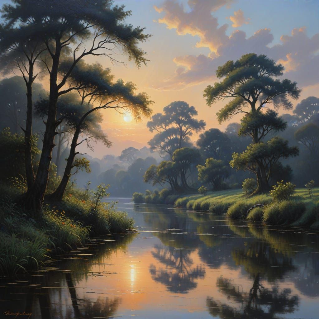 17th-Century Oil Painting of Tranquil Riverside at Dusk