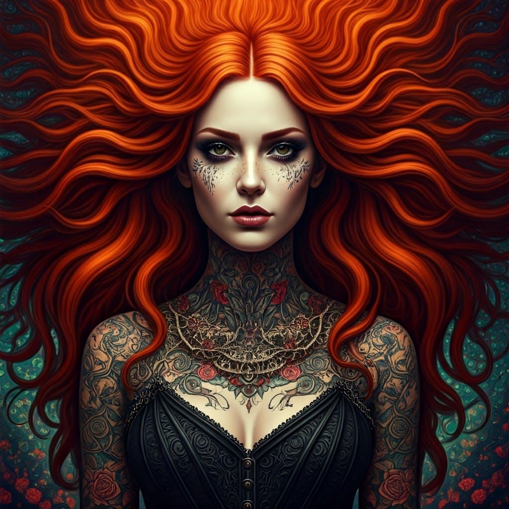 Majestic Gothic Woman with Fiery Hair and Tattoos