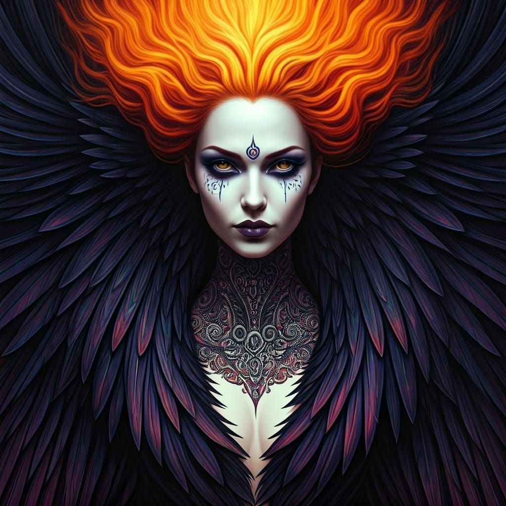 Gothic Phoenix Woman with Fiery Hair and Tattoos